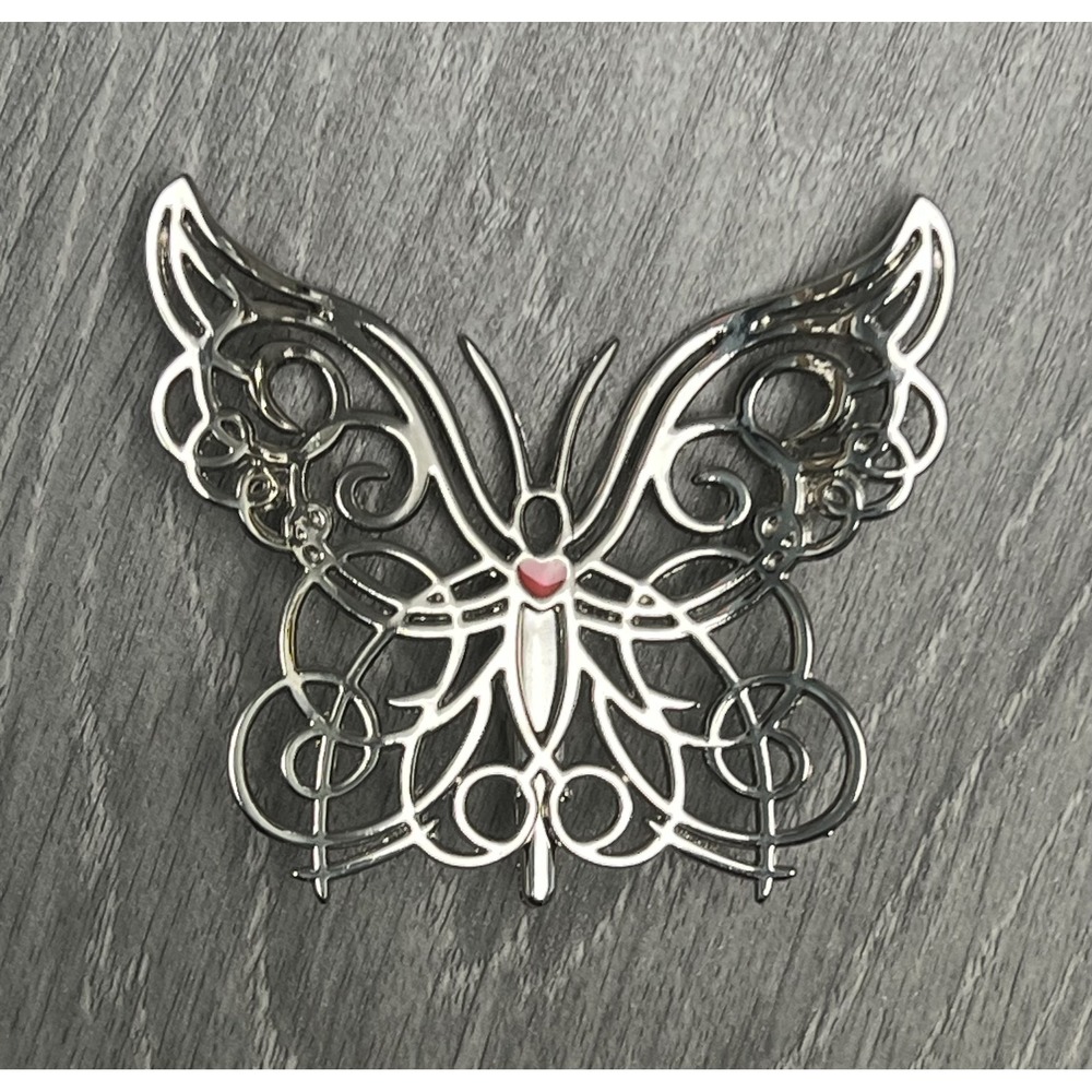 Neiman Marcus Figural Butterfly Scarf Hair Dress Lapel Clip Filigree Red Heart - Picture 3 of 8